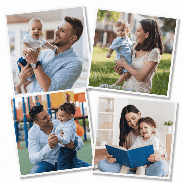 Family photo frame with pictures of children enjoying time with both parents