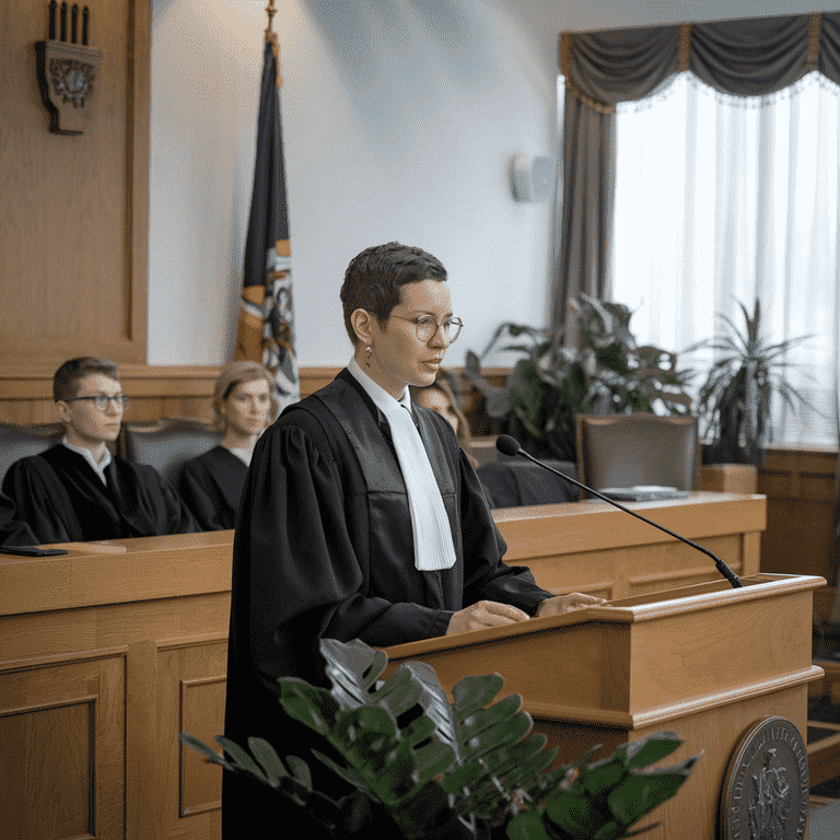 Person speaking confidently in a courtroom