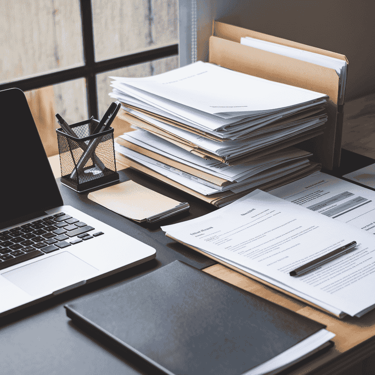 Organized desk with legal documents and a laptop for evidence gathering