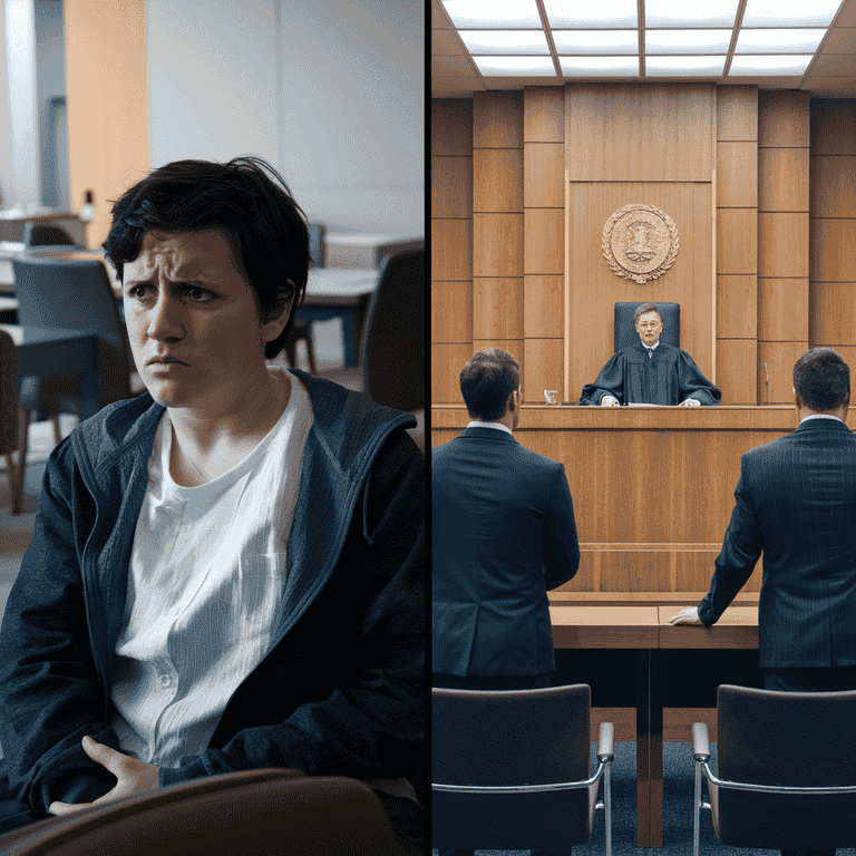 A person appearing distressed on one side and a courtroom scene on the other, illustrating the emotional impact and legal context of unjust restraining orders.