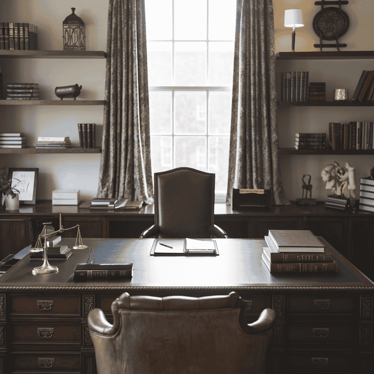 A well-organized attorney's office with legal books and documents, representing the process of hiring an attorney for a restraining order case.