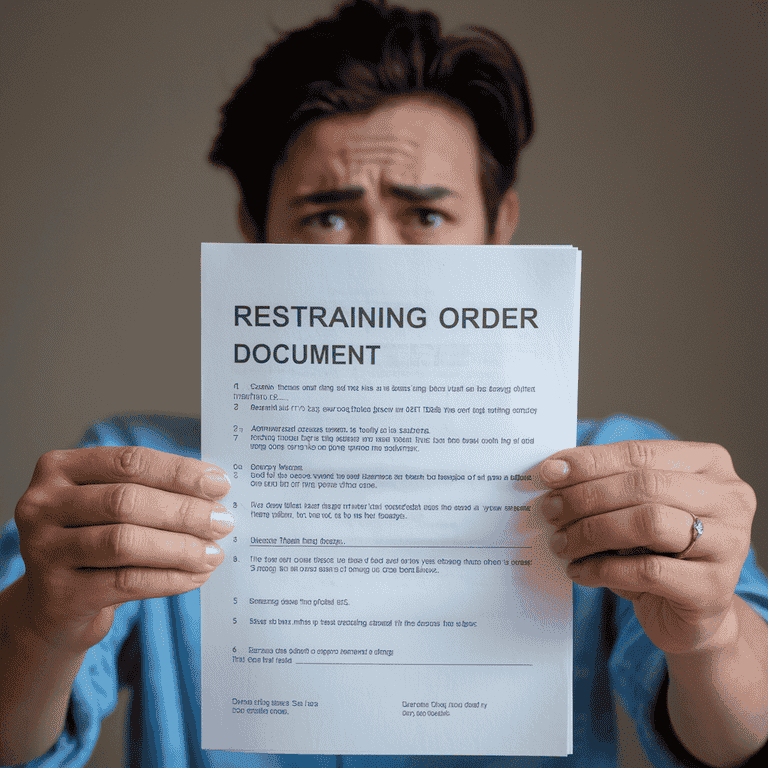 A person holding a restraining order document, conveying concern and the seriousness of the situation.