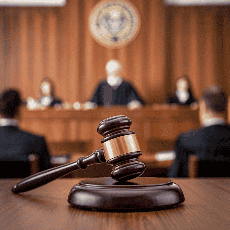 A gavel on a judge's bench in a courtroom, representing the legal process of defending against a restraining order.