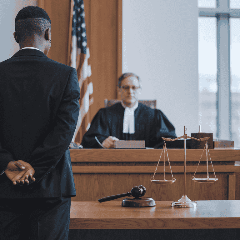 A courtroom setting with a person before a judge and a scale of justice, representing the legal pursuit of damages from a false restraining order.