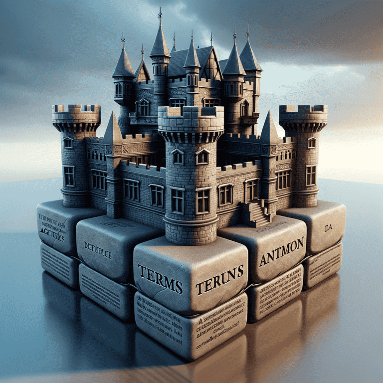 A fantastical castle made of stacked dictionary blocks, with the words "Terms", "Antmon", and "Terins" visible on the spines.