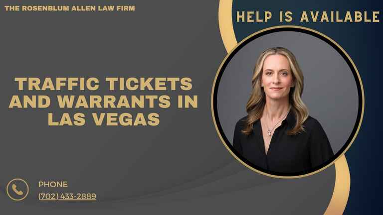 A legal services advertisement for The Rosenblum Allen Law Firm, featuring a portrait of a woman with long blonde hair wearing a black top. The ad is focused on traffic tickets and warrants in Las Vegas, offering help. The phrase "Help is Available" is written at the top right in gold lettering, with the law firm's name at the top left. The firm's phone number (702) 433-2889 is displayed in the lower-left corner with a phone icon.