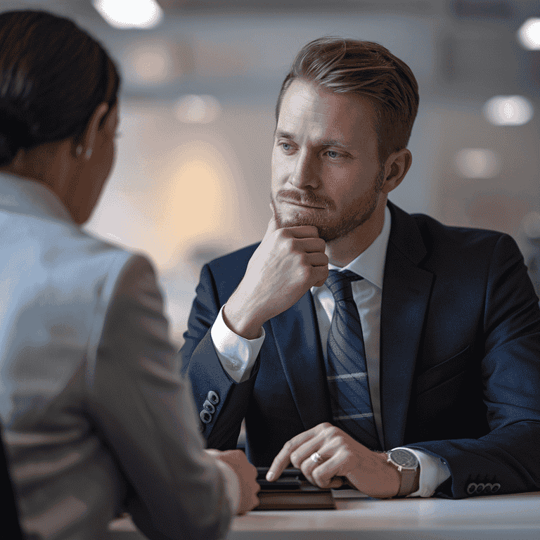 Attorney attentively listening to a client in a private office.