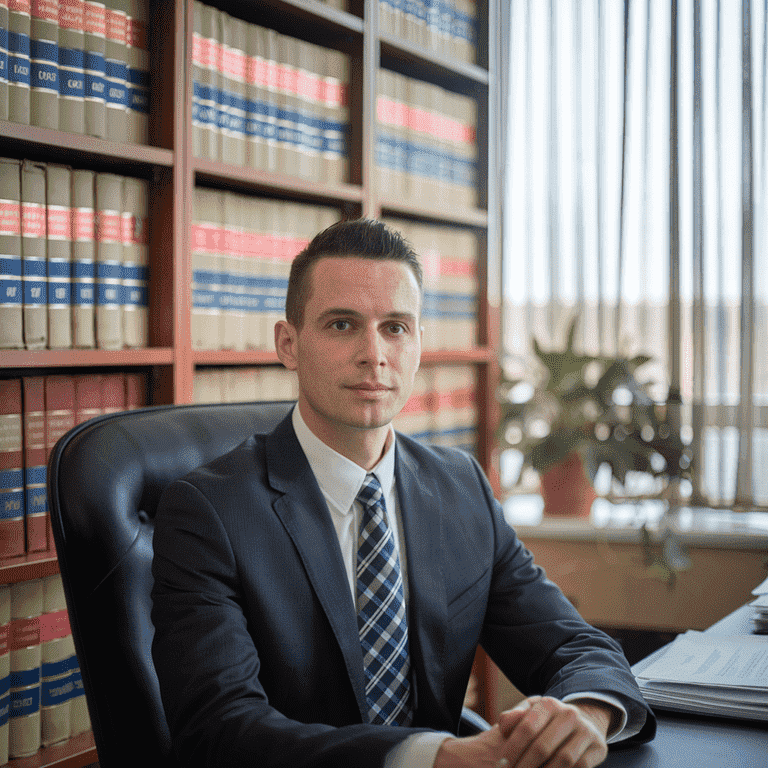 A traffic ticket attorney in a law office reviewing legal documents and preparing to assist with a traffic violation case.