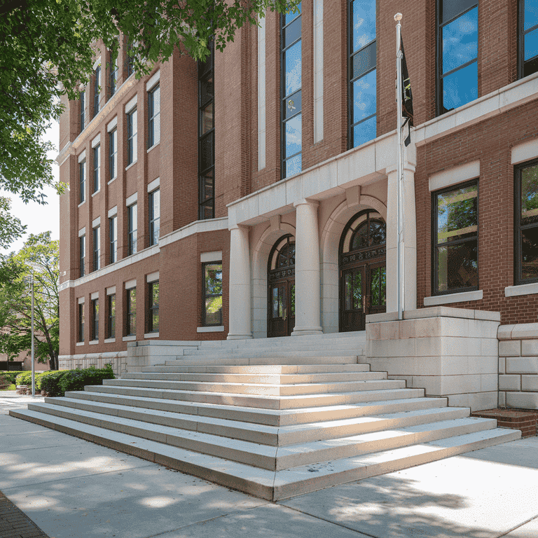 Courthouse entrance representing legal justice and defense.