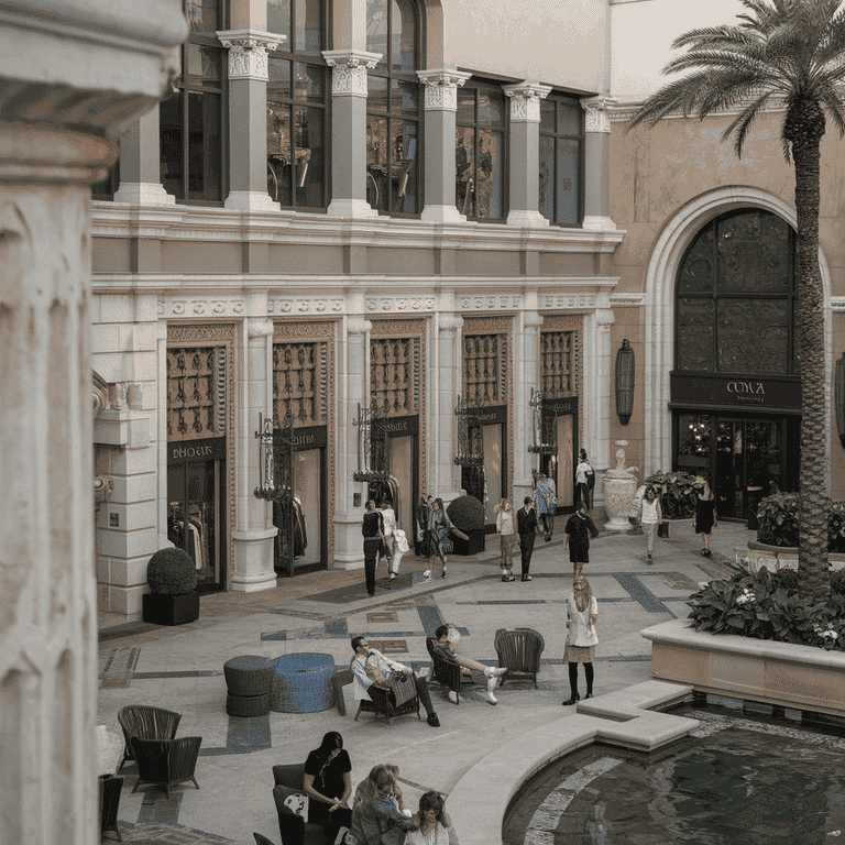 Shoppers walking through The Forum Shops at Caesars Palace with luxury storefronts and Roman-style statues.