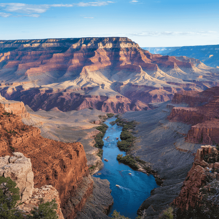 Stunning view of the Grand Canyon with red rock formations and a bright blue sky, a popular day trip destination from Las Vegas.