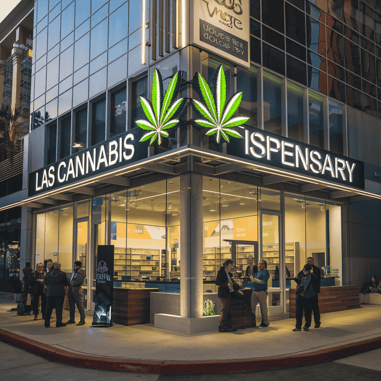 Exterior view of a cannabis dispensary in Las Vegas with bright signage.