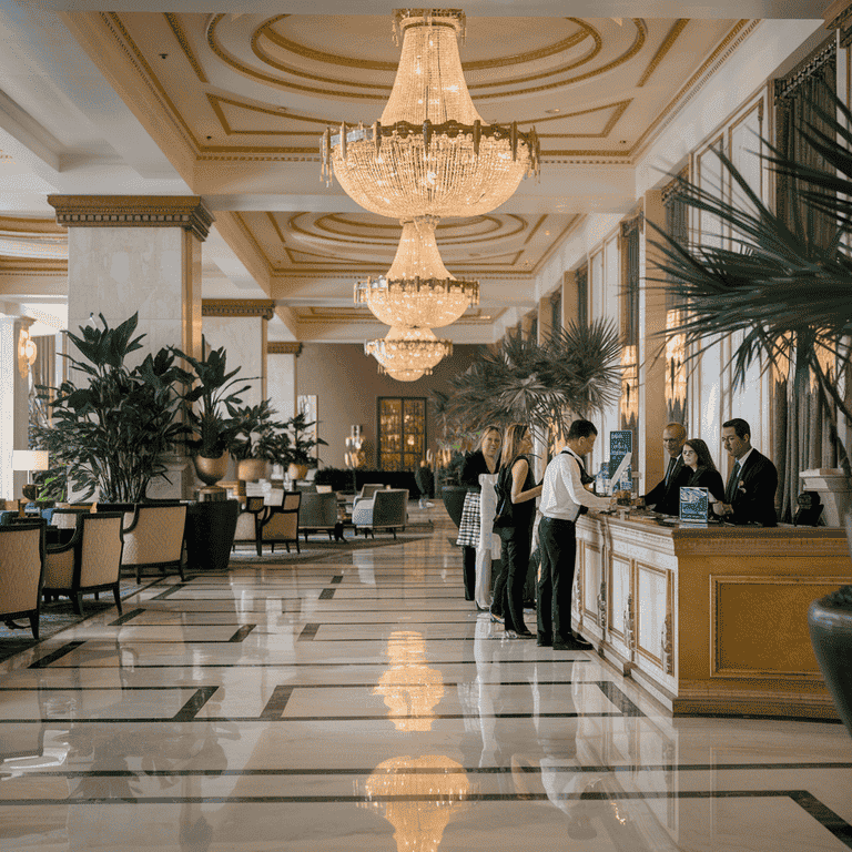 Luxurious hotel lobby in Las Vegas with guests checking in.