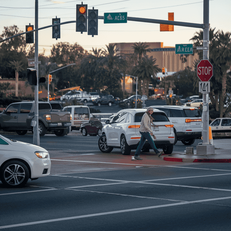 Las Vegas city intersection with red traffic lights and cars stopped, emphasizing traffic law compliance.