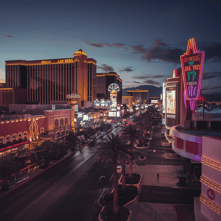 Nighttime view of the Las Vegas Strip illuminated with neon signs and colorful lights.