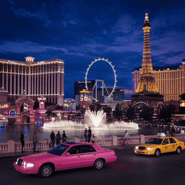 Busy Las Vegas Strip at night with neon lights and crowds of pedestrians.