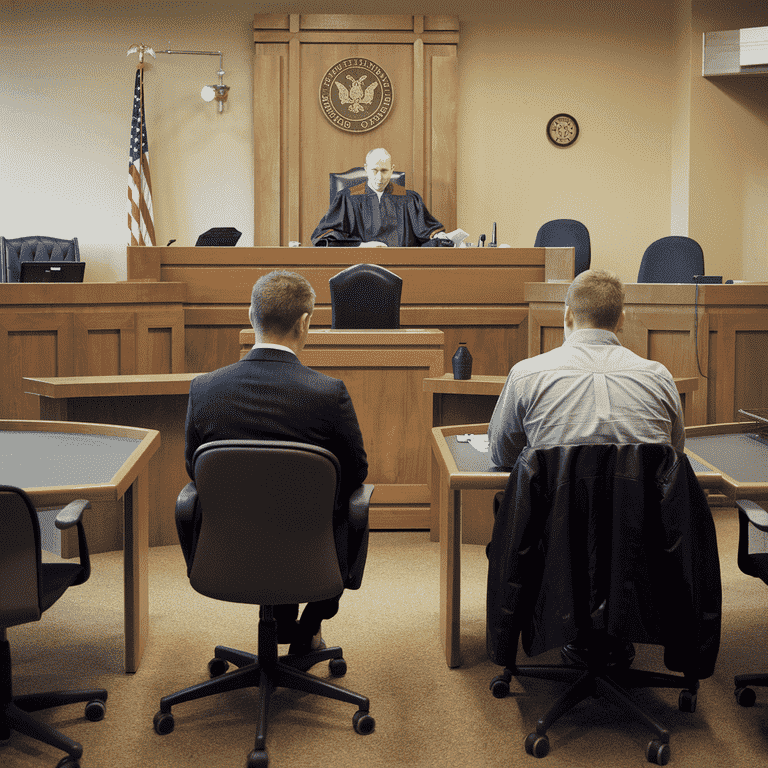 A traffic court in Las Vegas with a judge, attorney, and defendant discussing a traffic violation case.