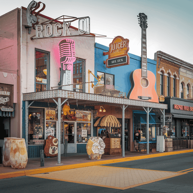 Colorful and quirky street scene in downtown Las Vegas with shops and public art.