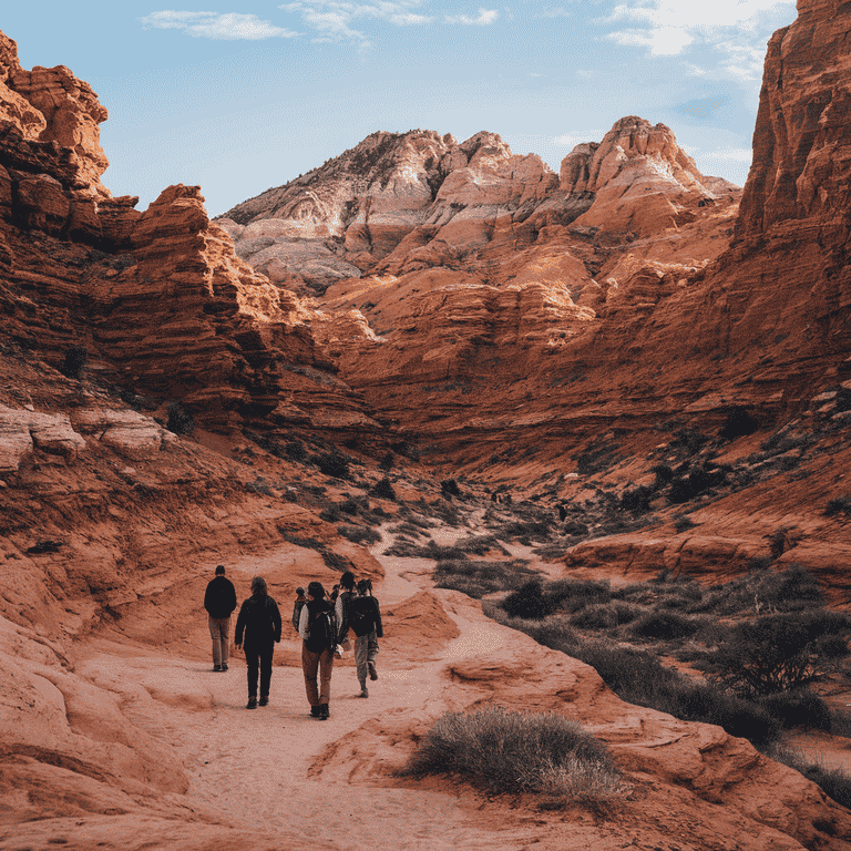 Hikers on a marked trail in Red Rock Canyon with red sandstone formations and blue skies.