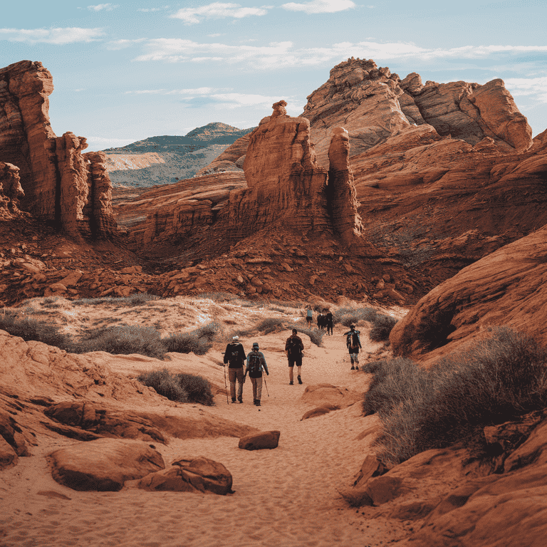 Hikers exploring the trails of Red Rock Canyon, a popular outdoor park near Las Vegas.