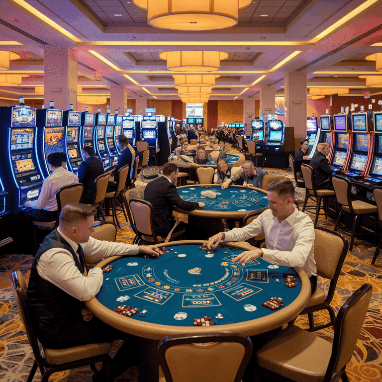 Casino floor in Las Vegas with players responsibly enjoying slot machines and card games.