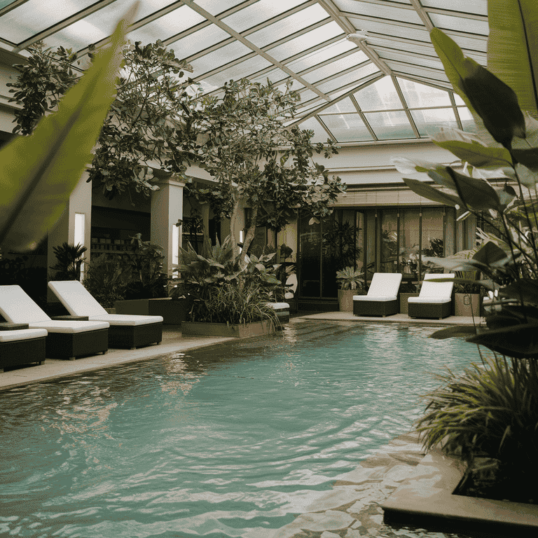 A peaceful indoor spa pool with soft lighting and comfortable lounge chairs, representing relaxation and wellness in Las Vegas.