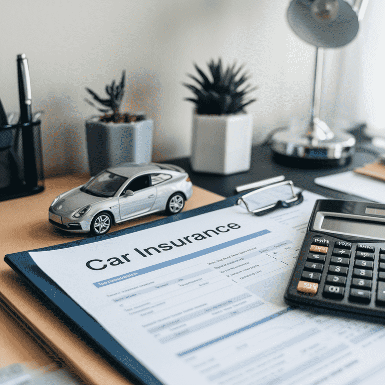 A car insurance policy document with a toy car and calculator, representing the impact of traffic tickets on insurance premiums.