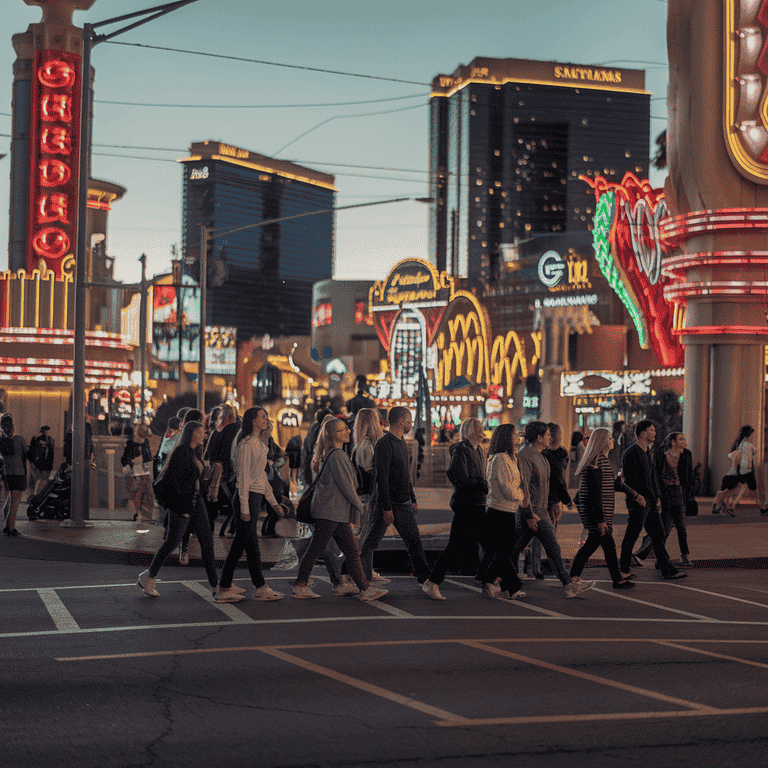 Pedestrians walking safely at a crosswalk on the busy Las Vegas Strip at night, surrounded by neon lights.