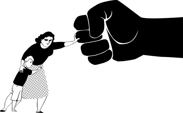 The image depicts a black and white illustration of an oversized fist or hand pointing at a much smaller human figure. The fist is disproportionately large compared to the person, suggesting an intimidating, threatening or accusatory gesture. The person appears to be cowering or shrinking back from the pointing fist. The illustration uses simple lines and solid black shapes against a white background, creating a stark, graphic style that emphasizes the power dynamic between the dominant fist and the vulnerable human figure.