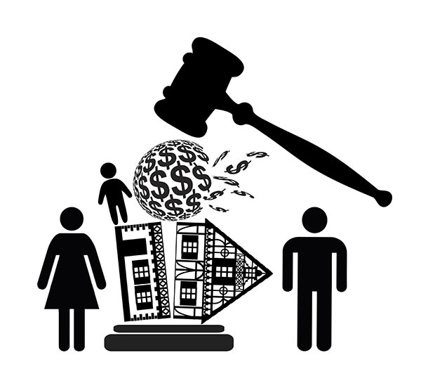 The image is a black and white illustration depicting the concept of wealth inequality or the wealth gap. It shows a gavel, symbolizing the legal system or law, smashing down on a large sphere covered in dollar sign patterns, representing wealth or money. The sphere is situated between two human stick figures, suggesting different economic classes or segments of society. The illustration uses simple, iconic shapes and symbols to convey the idea of the law or legal system impacting the distribution of wealth among people, potentially critiquing or commenting on income inequality and the role of legal structures in perpetuating economic disparities.