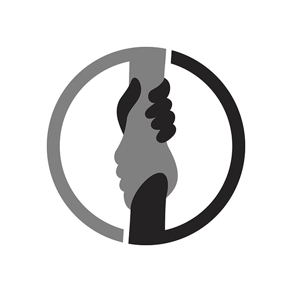 The image depicts a black and gray icon or symbol of two hands held together, as if in prayer or greeting. The hands are shown in silhouette, with one hand coming from the left side and the other from the right, meeting in the center of a circular frame. The circle is divided into two halves, with the left half in light gray and the right half in black. The overall composition is simple and stylized, using basic shapes and a limited color palette to create a bold, graphic representation of clasped hands, which could symbolize concepts like unity, agreement, partnership, or spirituality.