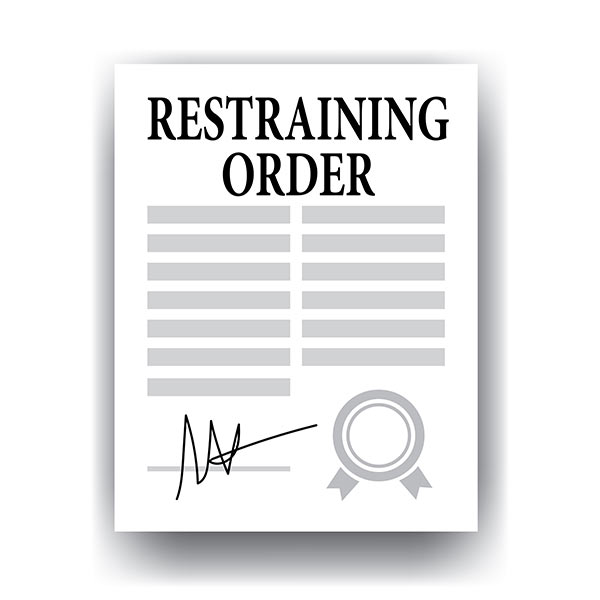 The image shows a restraining order document. The document title "RESTRAINING ORDER" is printed in bold, black letters at the top. Below the title, there are several horizontal lines, presumably for filling in relevant information. At the bottom of the document, there is a signature line indicated by a handwritten-style scribble, and an official seal or stamp represented by a circular emblem with a ribbon banner. The document is presented as a simple, black-and-white graphical representation, with a flat, icon-like style, rather than a photorealistic depiction of an actual restraining order form.
