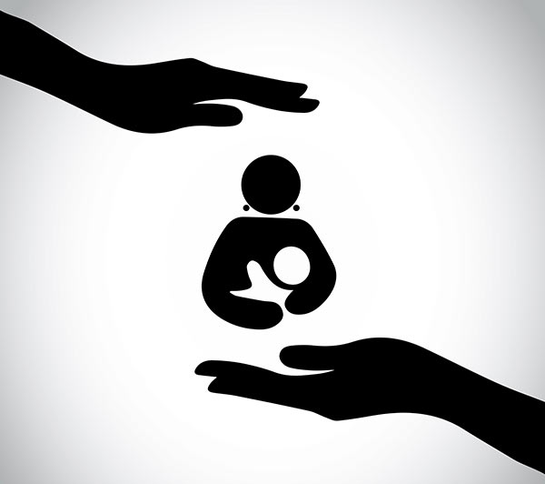 The image depicts a silhouette illustration of a hand reaching down to a smaller human figure, who appears to be an infant or young child. The child is shown sitting or being held in cupped hands. The visual representation suggests themes of caregiving, protection, support or nurturing, with the larger hand seeming to shelter or offer comfort to the child. The illustration is composed of simple, solid black shapes against a white background, creating an iconographic or symbolic representation of the concept rather than a detailed, realistic portrayal.