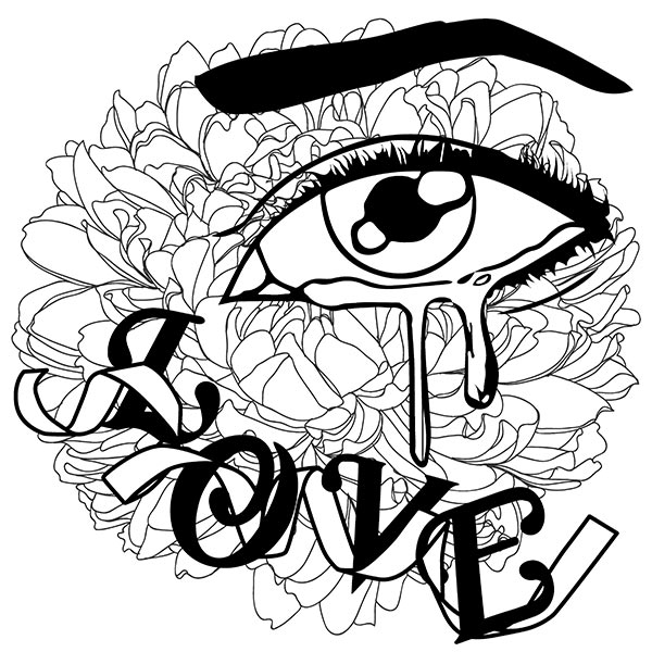 The image depicts a black and white line drawing or illustration of an eye surrounded by flowers and the word "love". The eye is drawn in a stylized manner, with a prominent eyelash and a teardrop shape underneath, possibly suggesting crying or sadness. The iris of the eye has the word "love" written inside it in a cursive font. Surrounding the eye are intricate, swirling lines that resemble flower petals or vines, adding a decorative, organic element to the composition. The overall style is reminiscent of a tattoo design or graphic illustration, using bold lines and high-contrast black and white tones to create a striking visual effect. The juxtaposition of the eye, the word "love", and the floral elements could suggest themes of emotional vulnerability, beauty, or the complexity of human emotions.