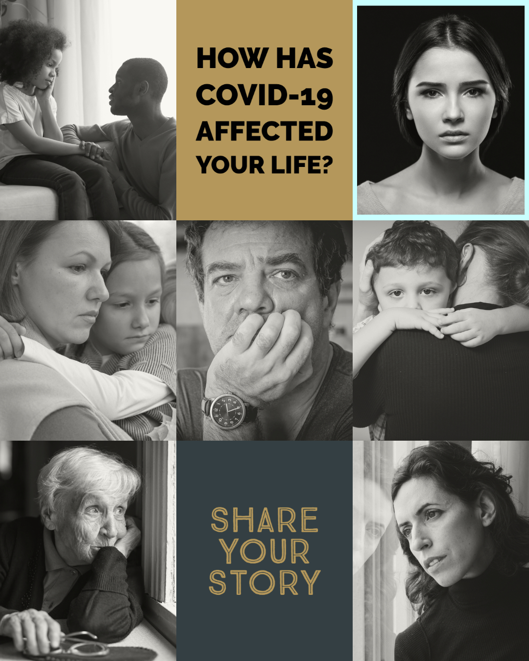 Collage of diverse people holding signs about how COVID-19 has impacted their lives.