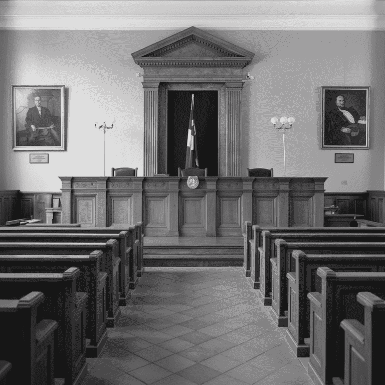 An empty courtroom with benches and the judge's bench in the background, representing the legal and social consequences of a solicitation conviction.