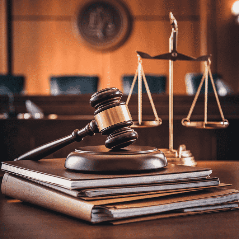 A gavel placed on a stack of legal documents with the scales of justice in the background, representing legal charges and the justice system in Las Vegas.