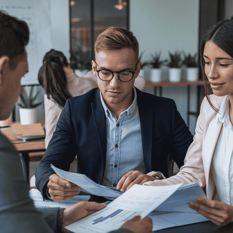 Business professionals in a modern office reviewing a contract together.