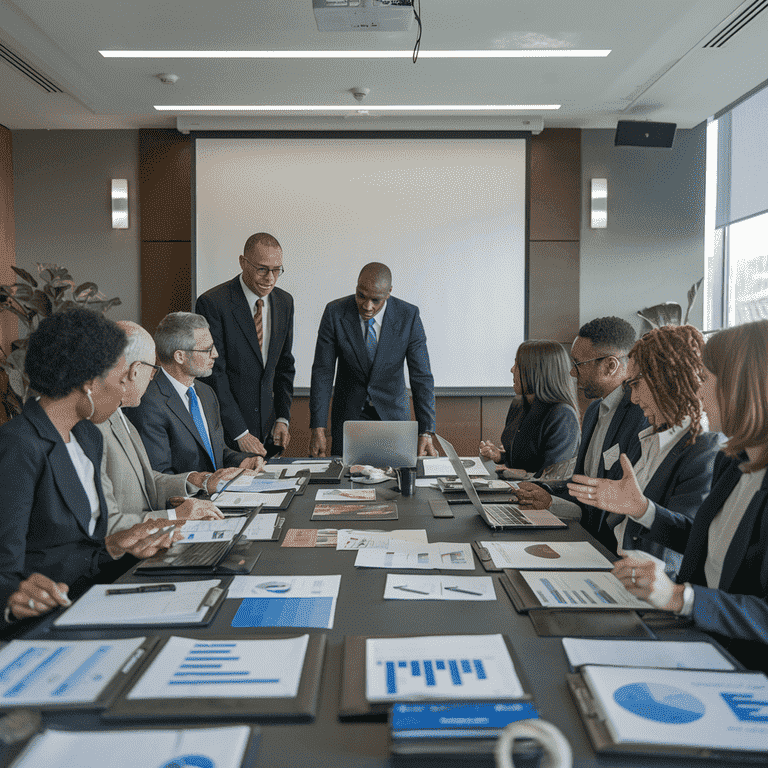 Group of business professionals in a meeting discussing incorporation services in a modern office.