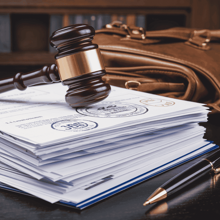 A stack of legal documents alongside a gavel symbolizing legal fees and costs.