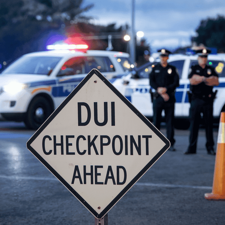 DUI checkpoint sign with police officers conducting traffic stops.