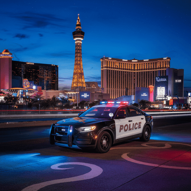 Las Vegas skyline with a police car signaling a DUI stop at dusk.