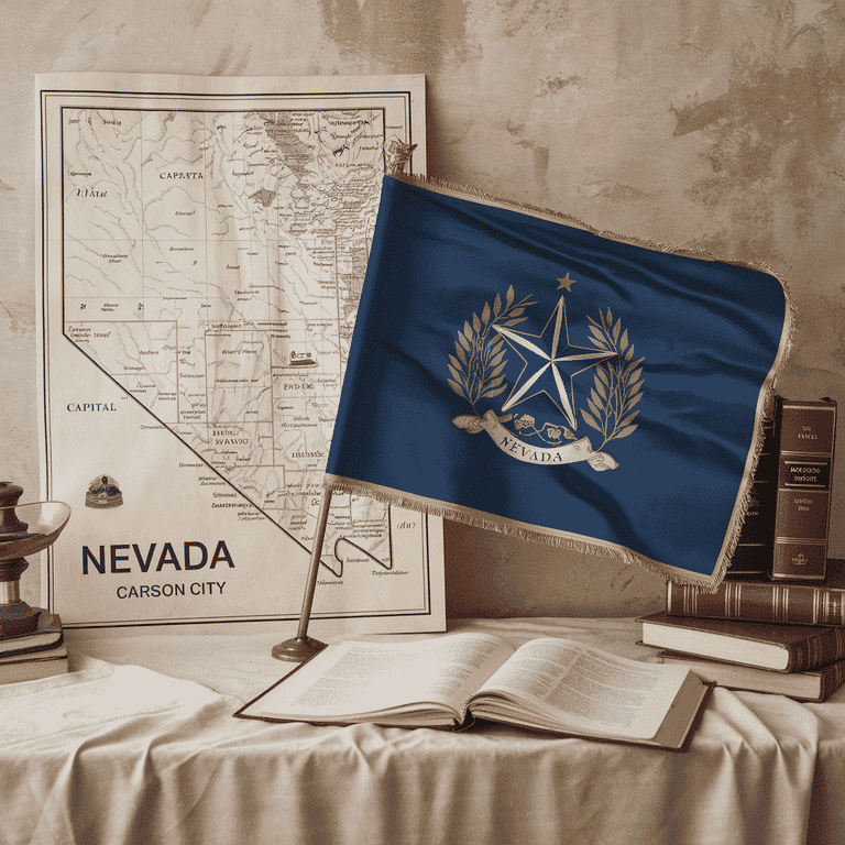 Nevada state symbols including the flag, map, and legal resources representing DUI information.