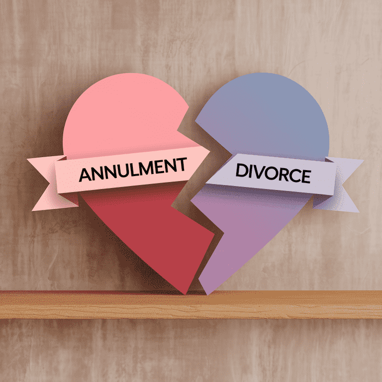 Broken heart split into 'Annulment' and 'Divorce' representing the two legal paths for ending short term marriages.