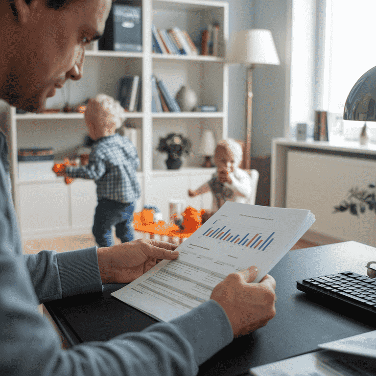 Parent reviewing financial documents at home with a child playing nearby, symbolizing the impact of las Vegas child support on family life.