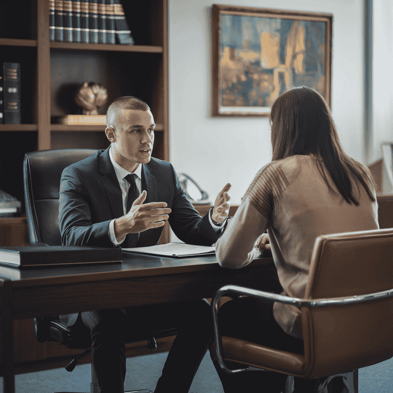 A lawyer consulting with a client in an office setting, representing the importance of choosing the right domestic violence attorney.