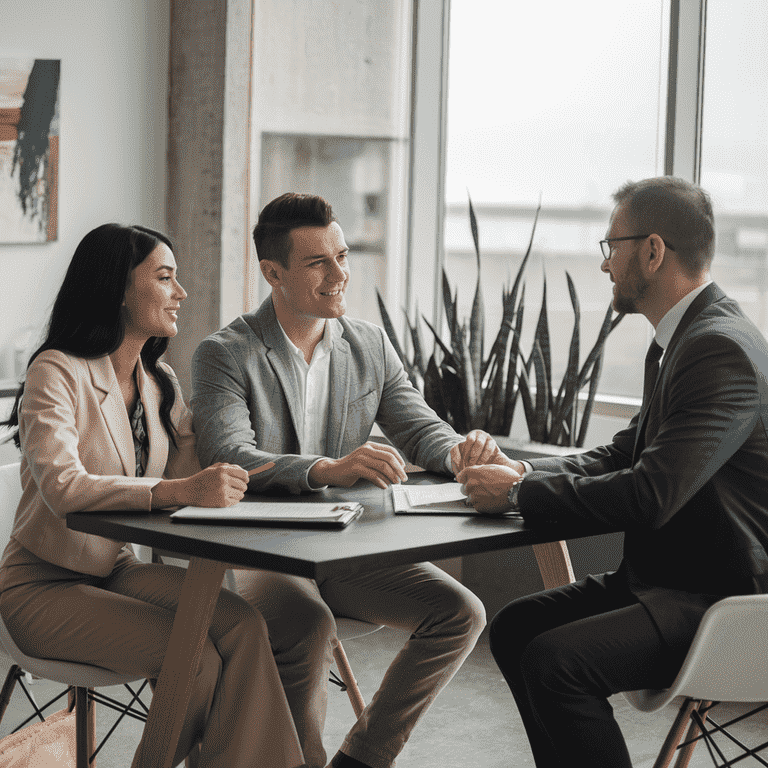 Couple discussing a prenuptial agreement with a lawyer, highlighting the importance of legal planning in short term marriages.