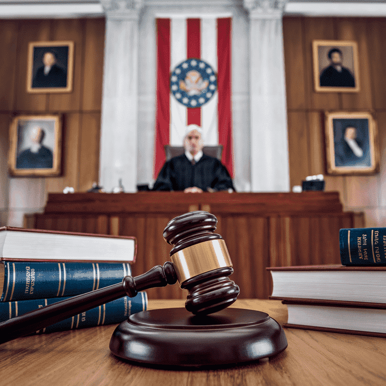 Courtroom with a judge's gavel and legal books representing defense strategies.