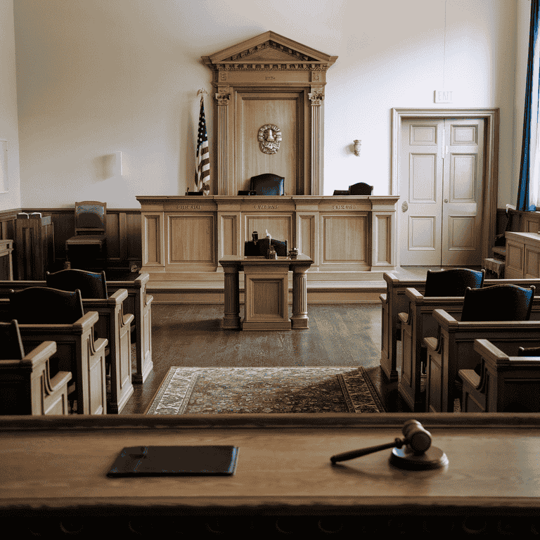 A courtroom with a judge's bench, symbolizing legal proceedings involving domestic violence and protective orders.