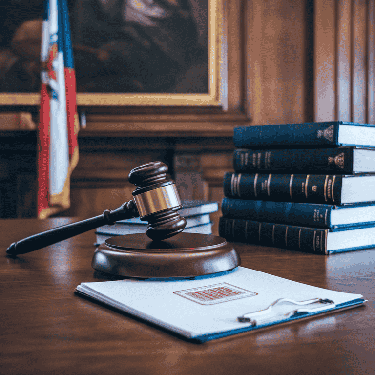 Courtroom scene with legal documents and judge's gavel symbolizing legal process.